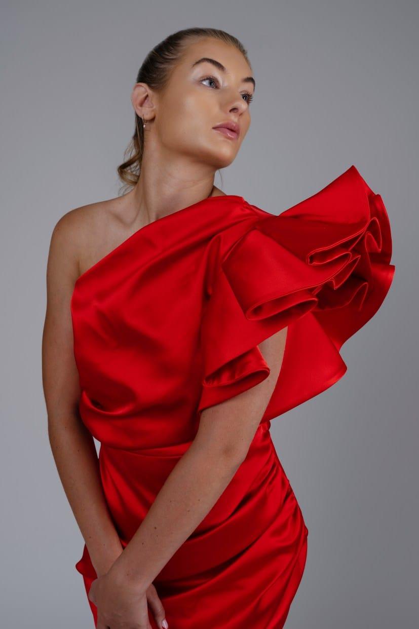 RED RUFFLE SLEEVE MINI DRESS - FARACHI