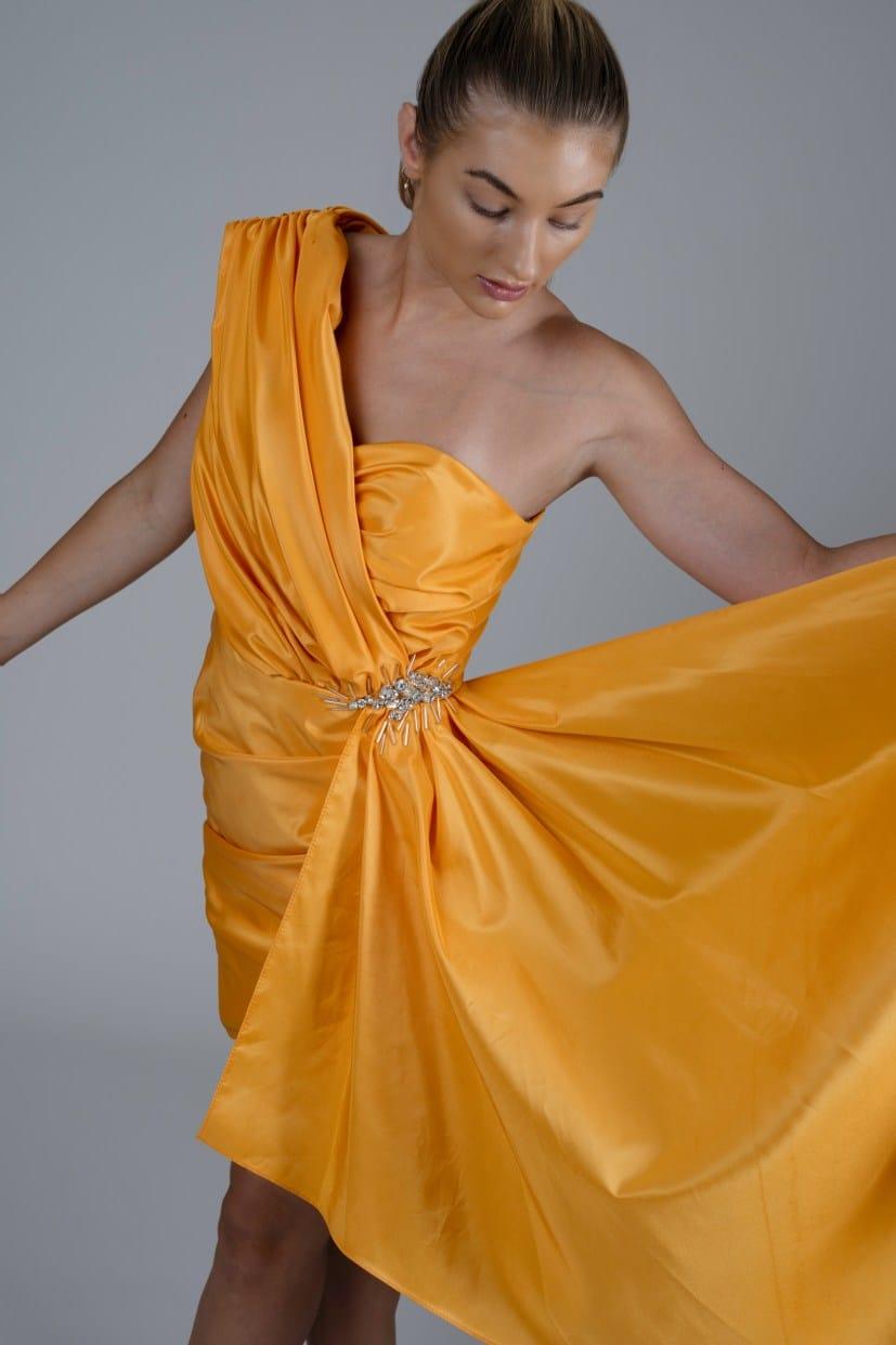 DRAPE DETAIL ORANGE MINI DRESS - FARACHI