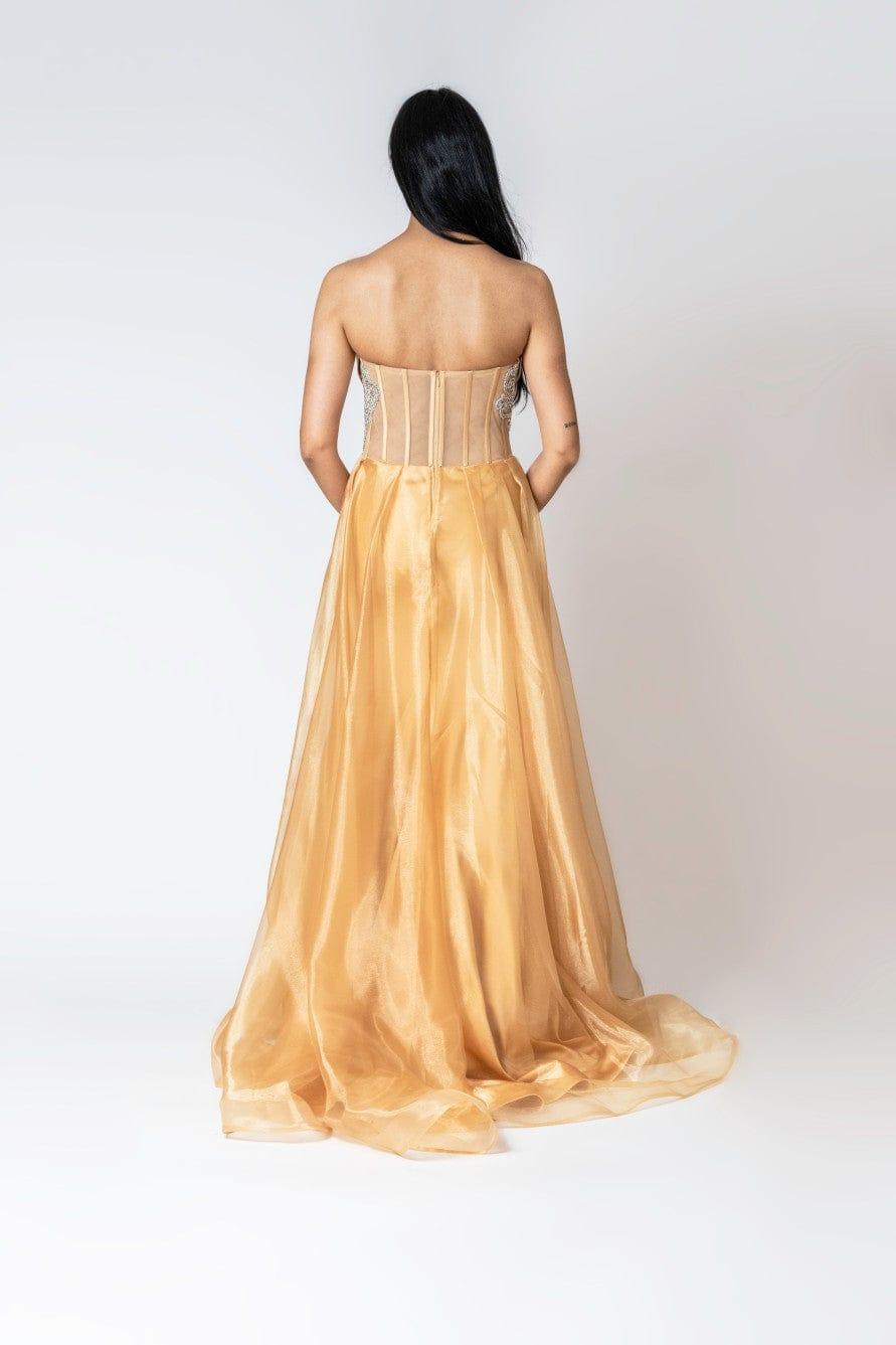 CRYSTAL BEADED OVERSKIRT MAXI DRESS - FARACHI