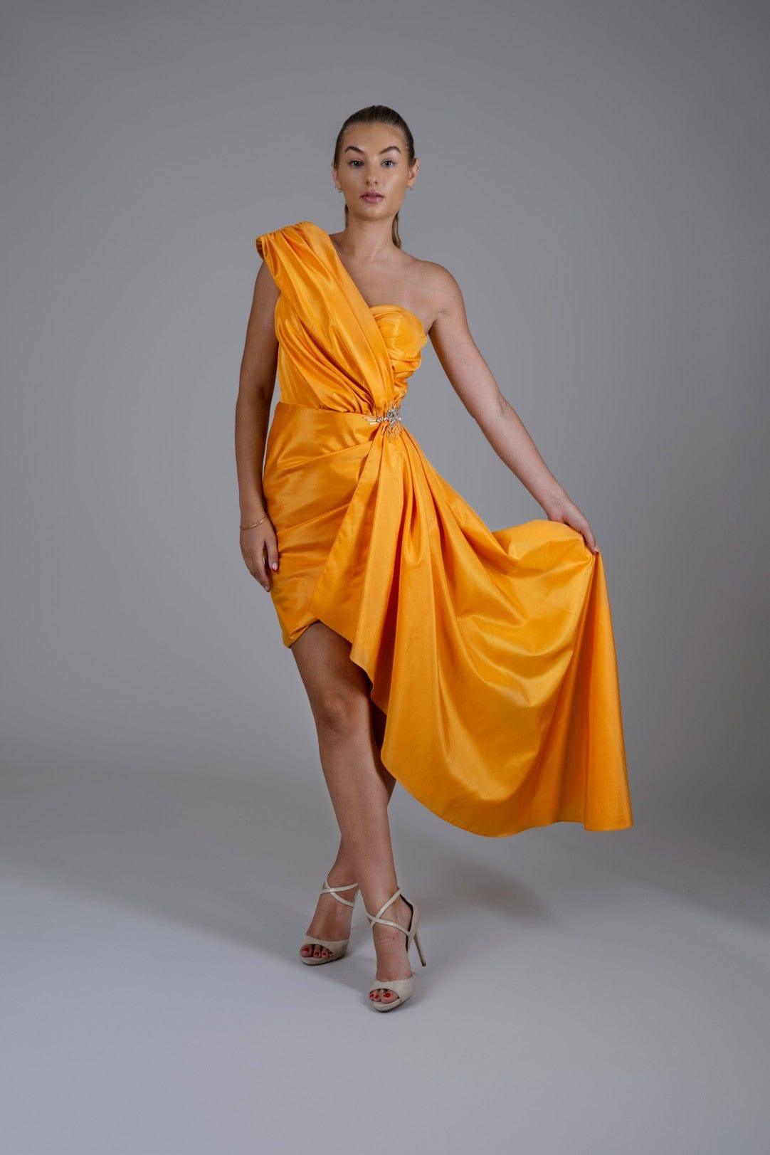 DRAPE DETAIL ORANGE MINI DRESS - FARACHI