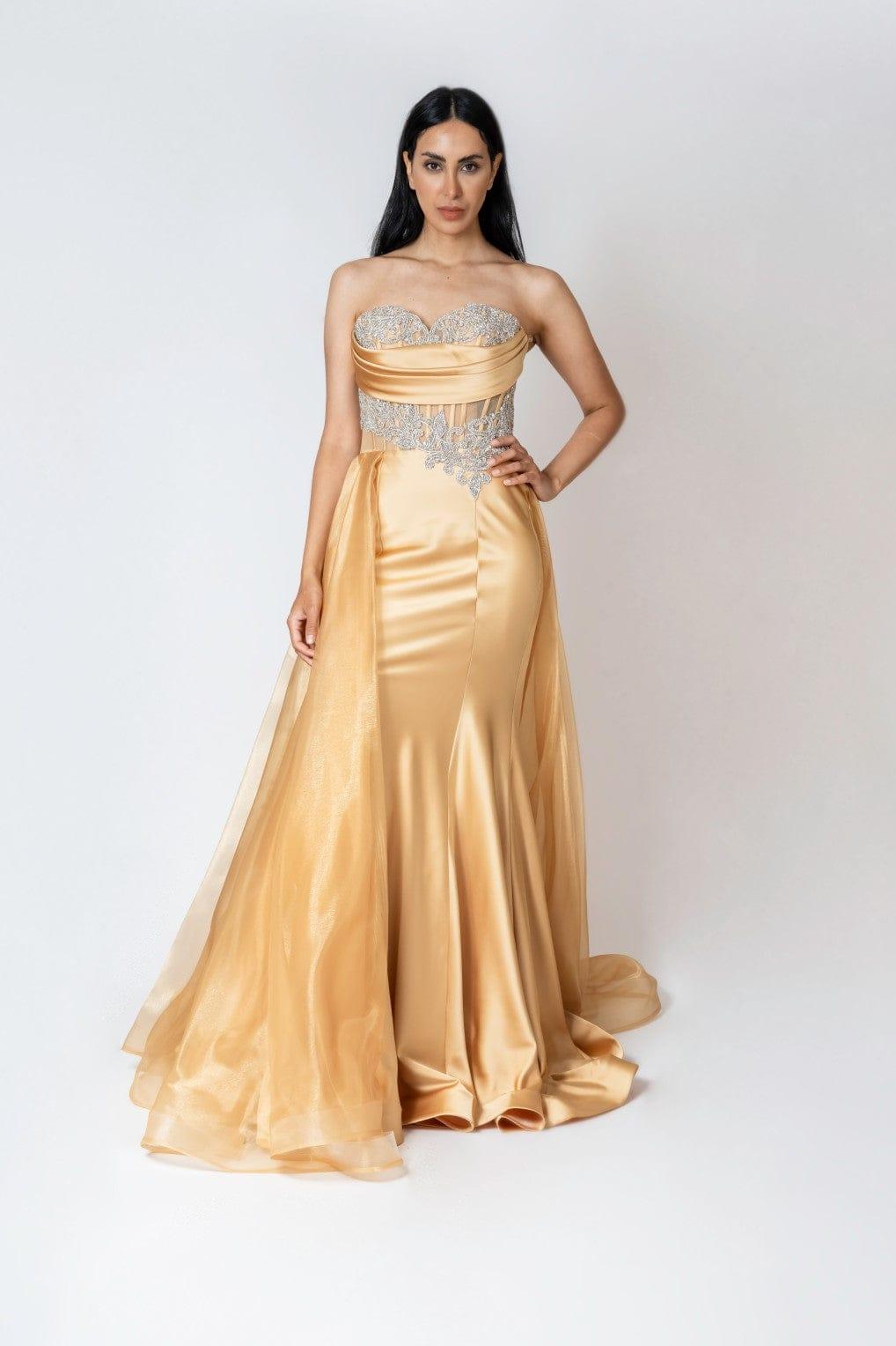 CRYSTAL BEADED OVERSKIRT MAXI DRESS - FARACHI