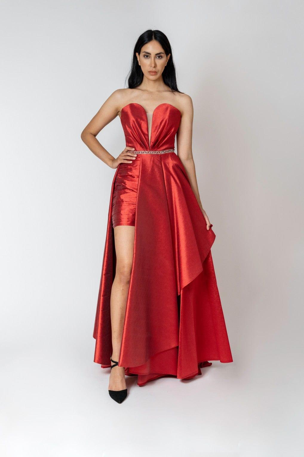 RED BEADED BELT OVERSKIRT DRESS - FARACHI