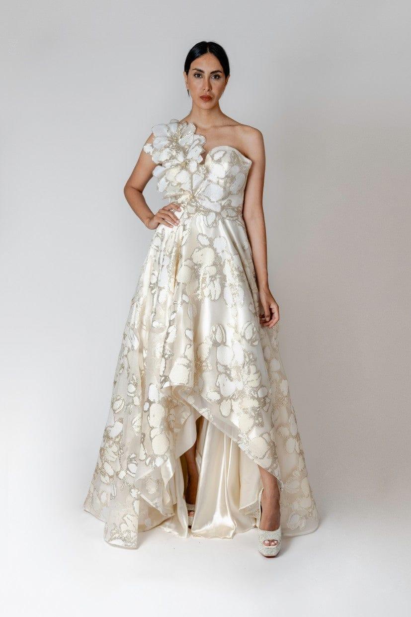 3D FLORAL HIGH-LOW WEDDING DRESS - FARACHI