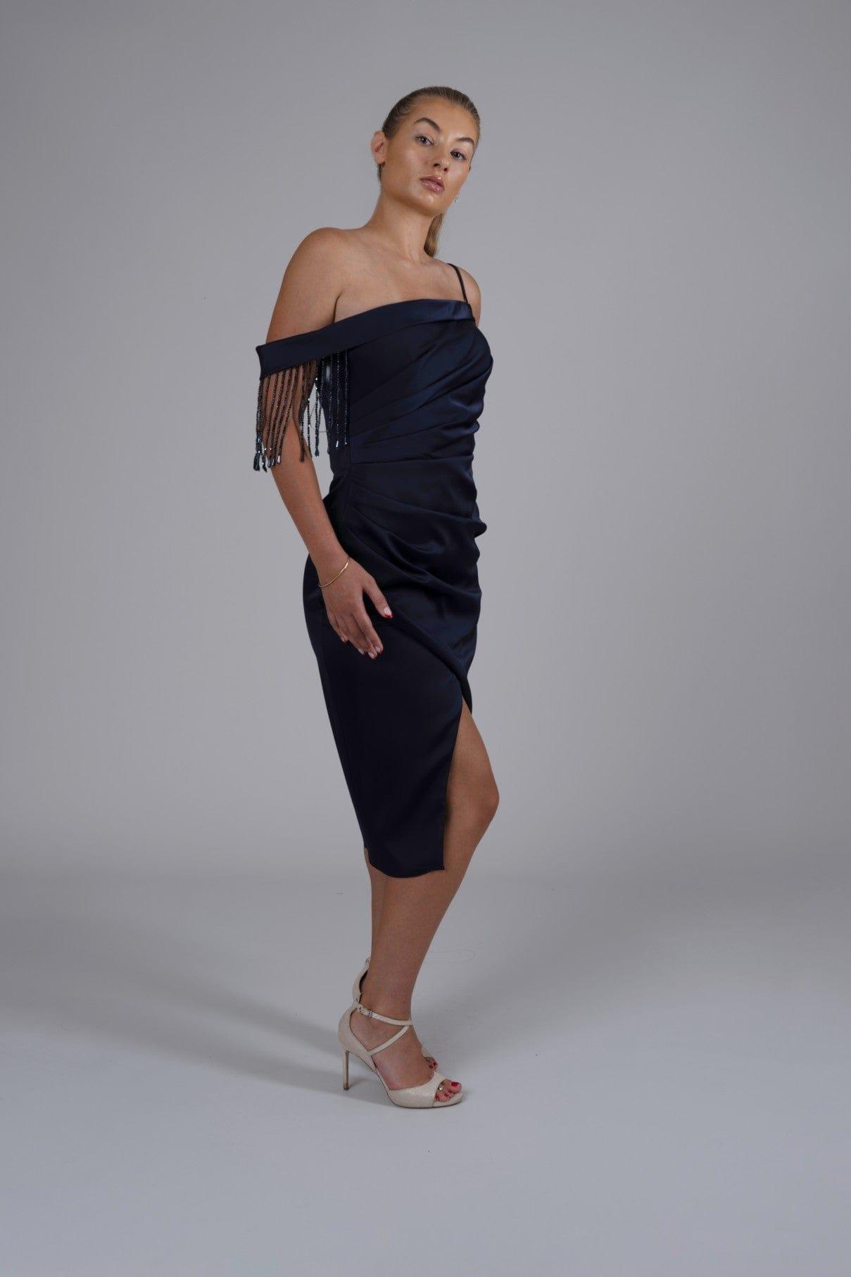 FRINGE SHOULDER MIDI DRESS - FARACHI