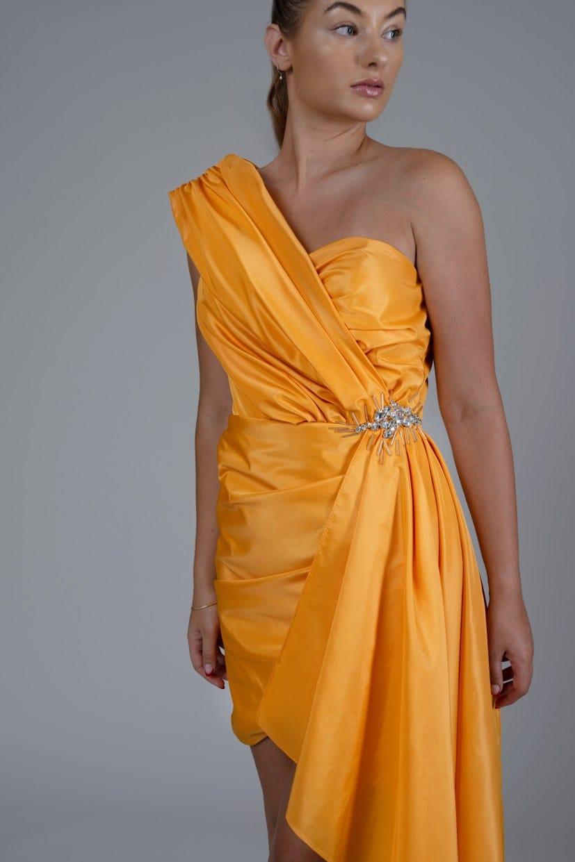 DRAPE DETAIL ORANGE MINI DRESS - FARACHI