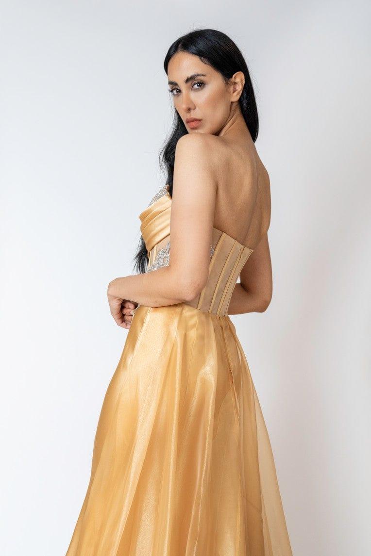 CRYSTAL BEADED OVERSKIRT MAXI DRESS - FARACHI