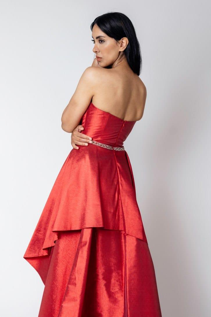 RED BEADED BELT OVERSKIRT DRESS - FARACHI