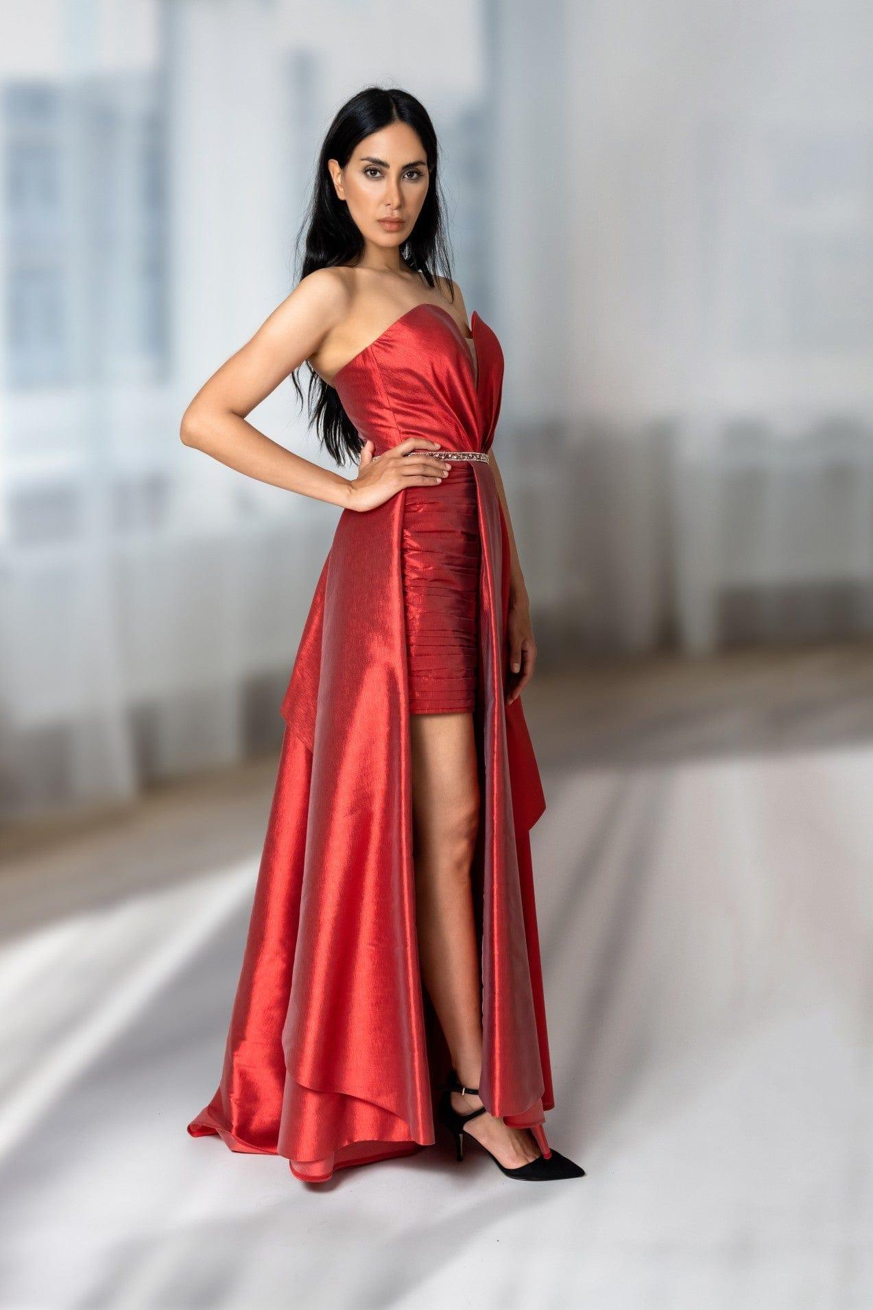 RED BEADED BELT OVERSKIRT DRESS - FARACHI