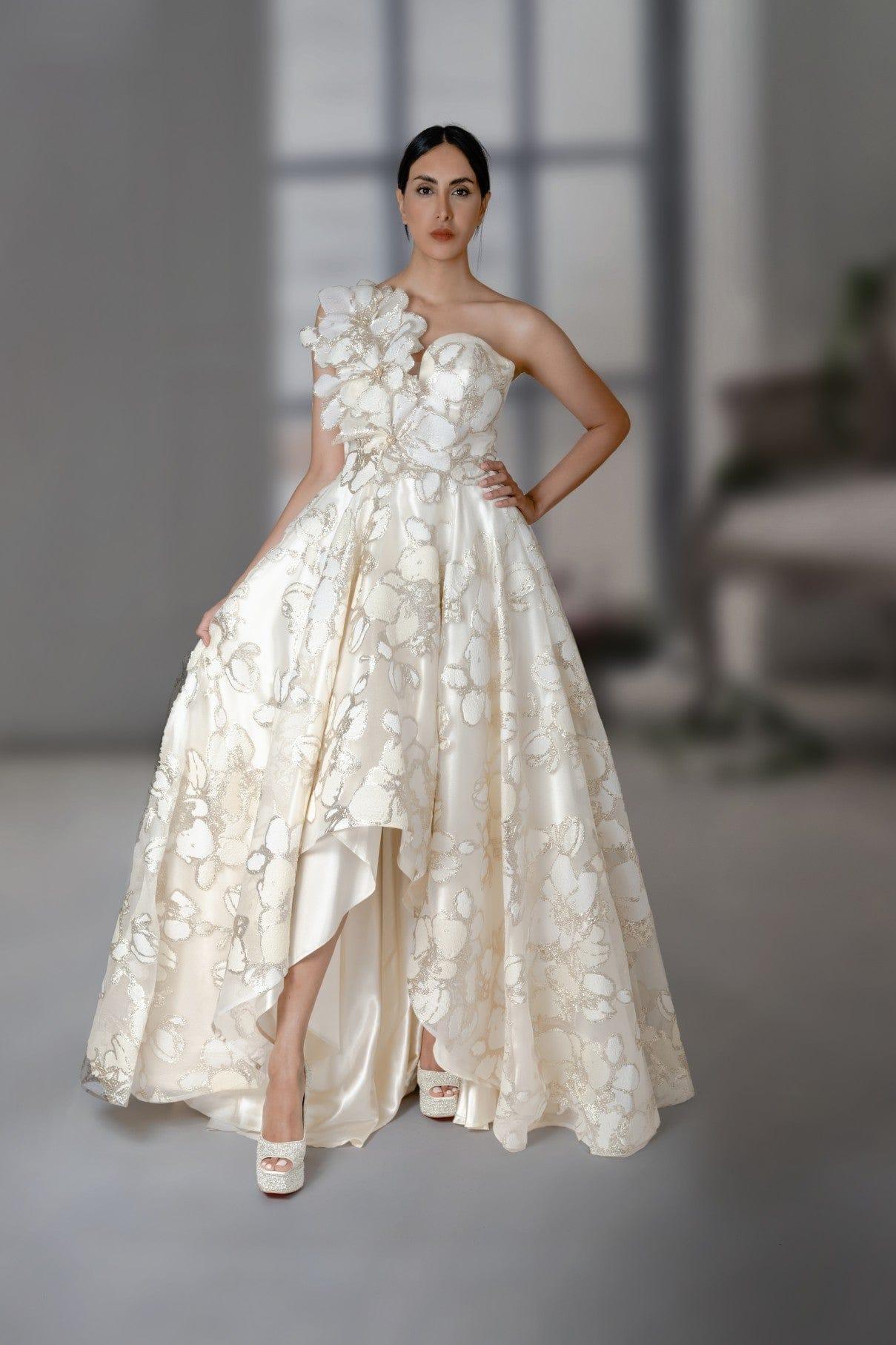 3D FLORAL HIGH-LOW WEDDING DRESS - FARACHI